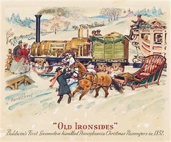 HAROLD BREUL (1889 - 1965) 4 Baldwin Locomotive ads: Best Friend of Charleston, Wm. Crooks, Old Ironsides, and Roger Williams.